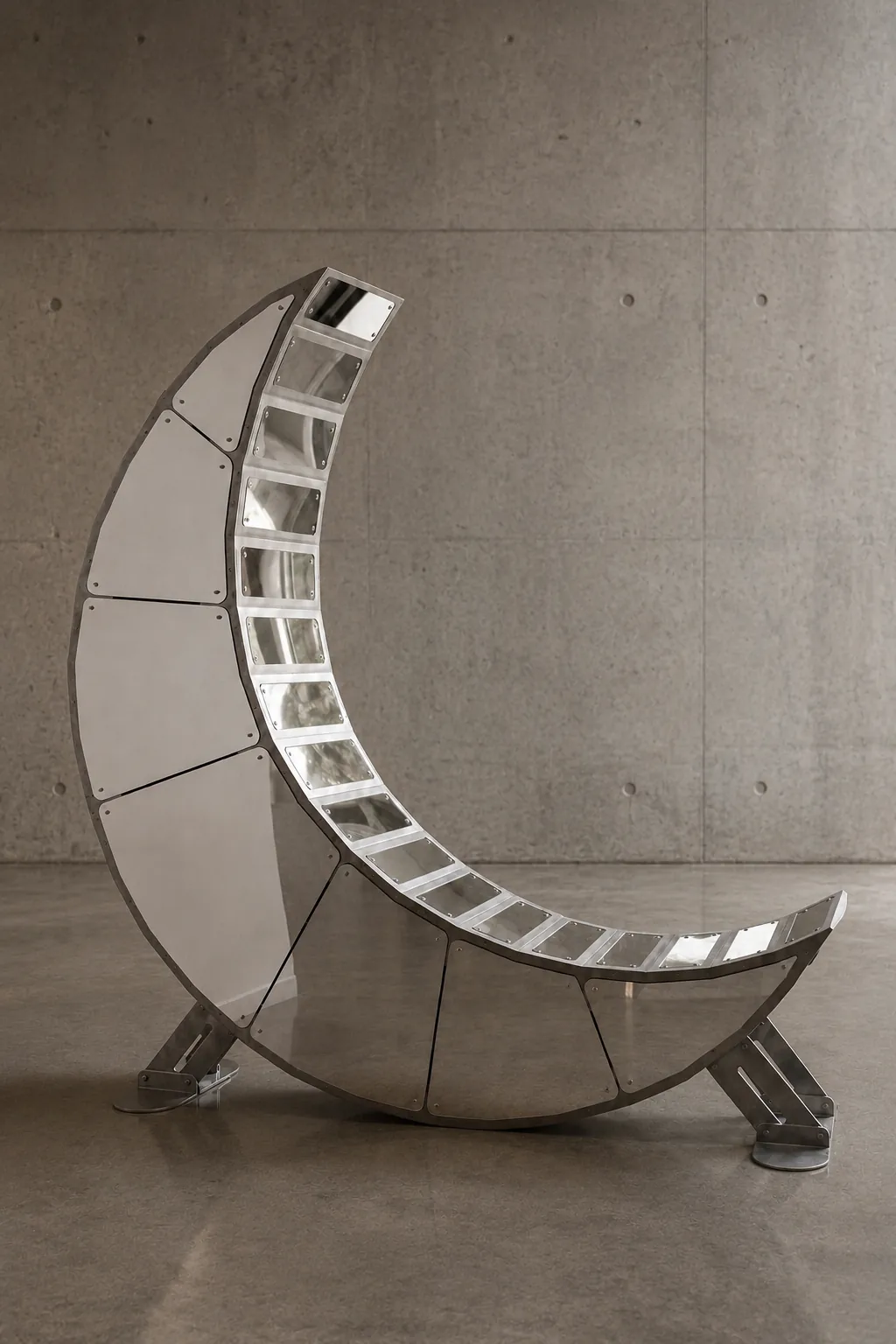 Moon Chair — A moon, rebuilt — aluminum structure under a mirror-steel skin.